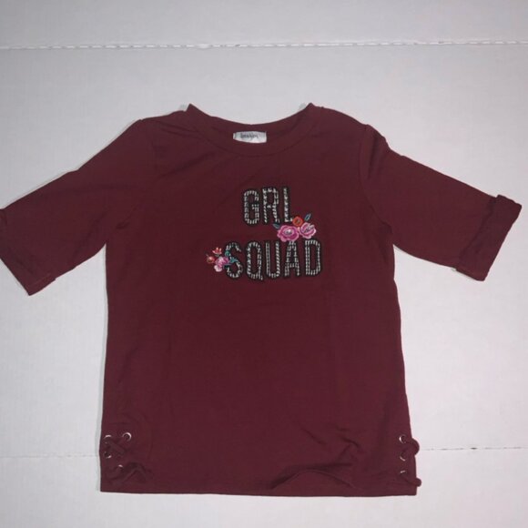 Speechless Kids Large Maroon 'Grl Squad' Half Sleeve Cuffed‎ Flowers (K) - Picture 1 of 7